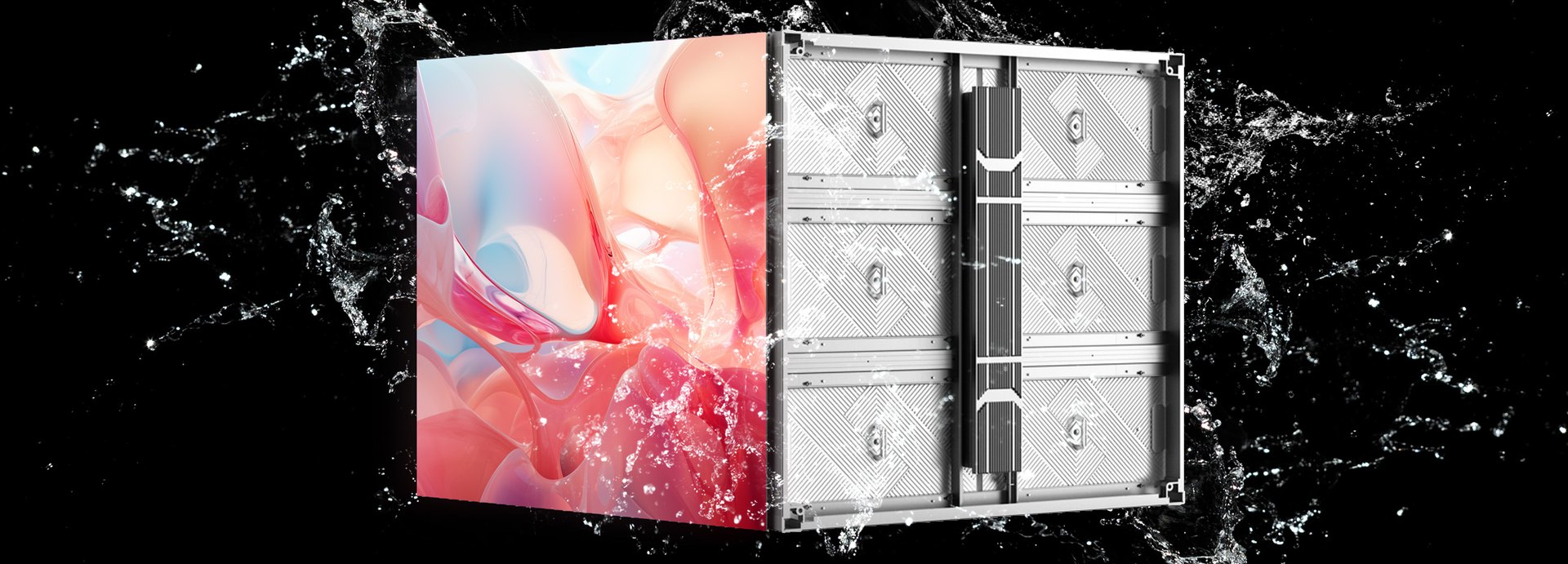 A Vistablaze Pro LED cabinet viewed edge-on, its panel lit, water breaking across the face