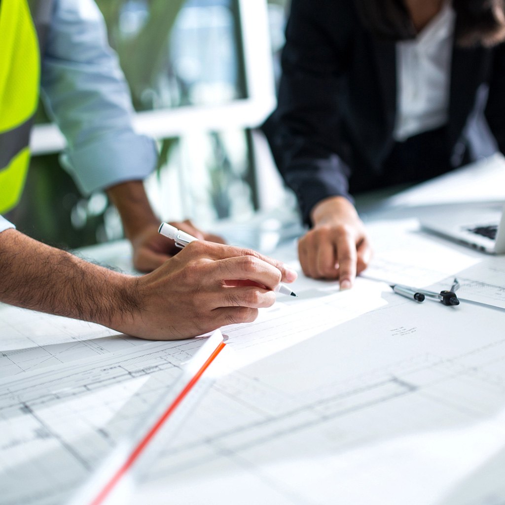 Two people reviewing technical drawings, one in a high-visibility vest