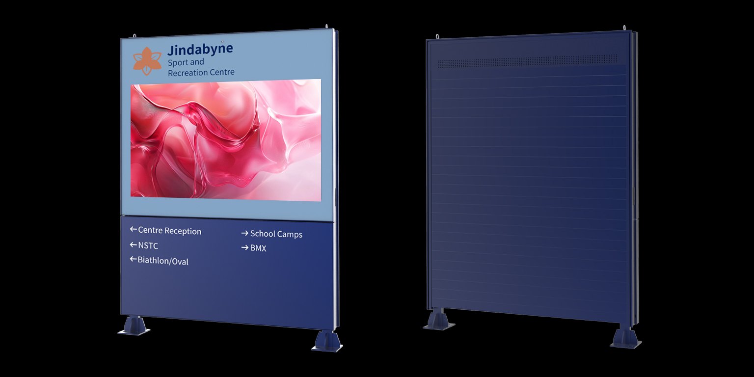 A digital sign finished in a company’s own colours, with its logo built into the structure