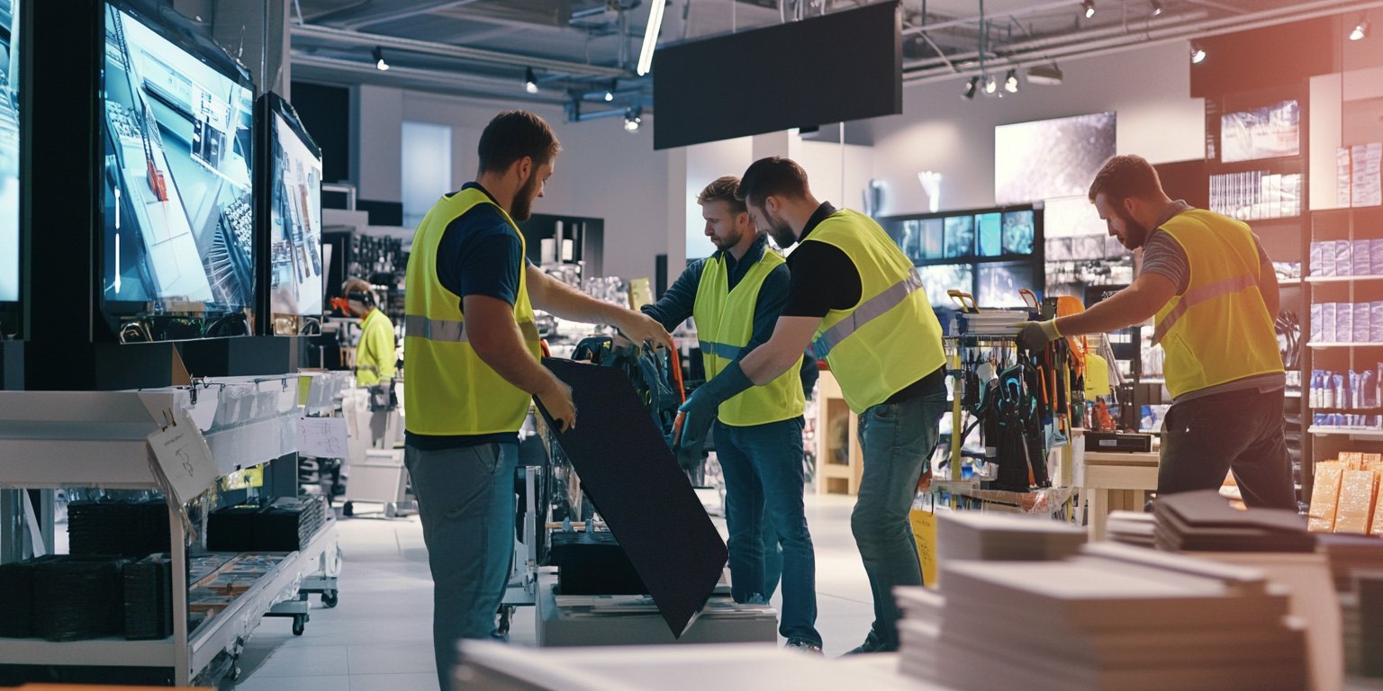 A technician servicing an LED display in store