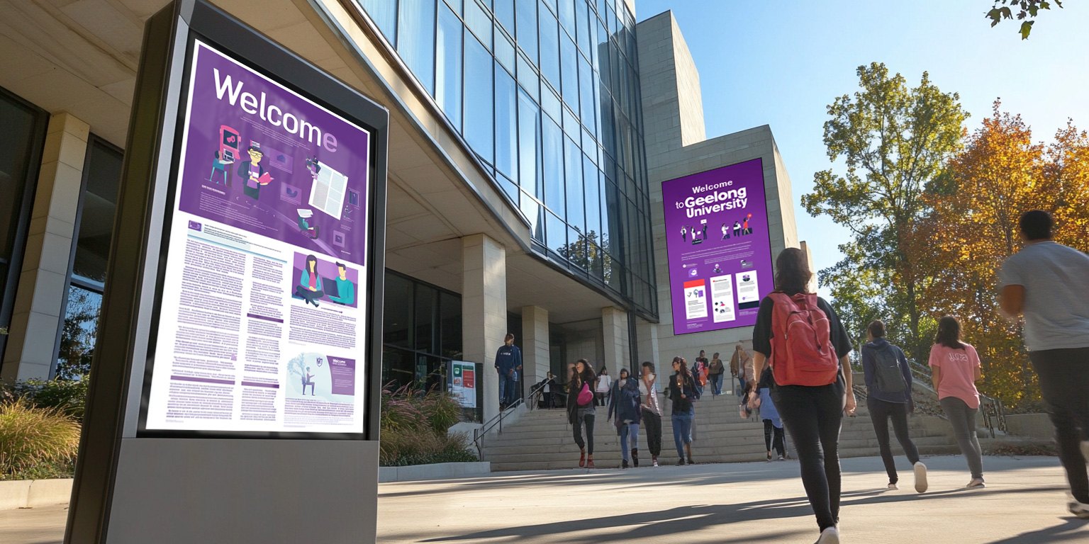 A digital display carrying campus announcements in a school corridor