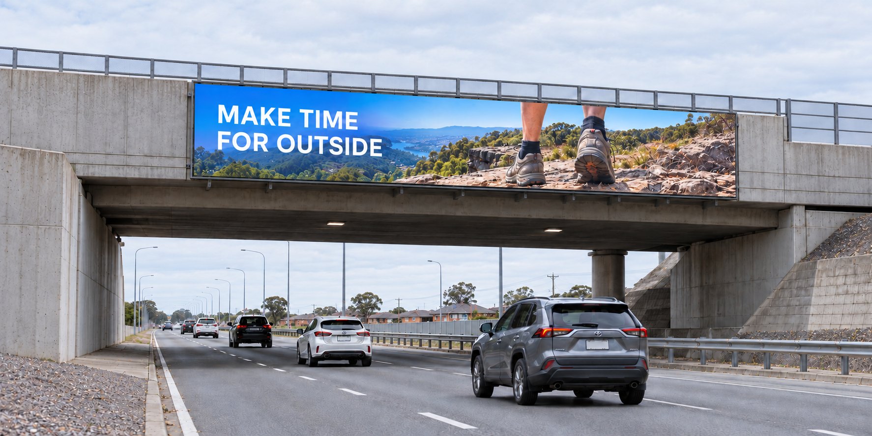 A DuraBlaze LED billboard on a road bridge showing an outdoor advertising campaign above passing traffic