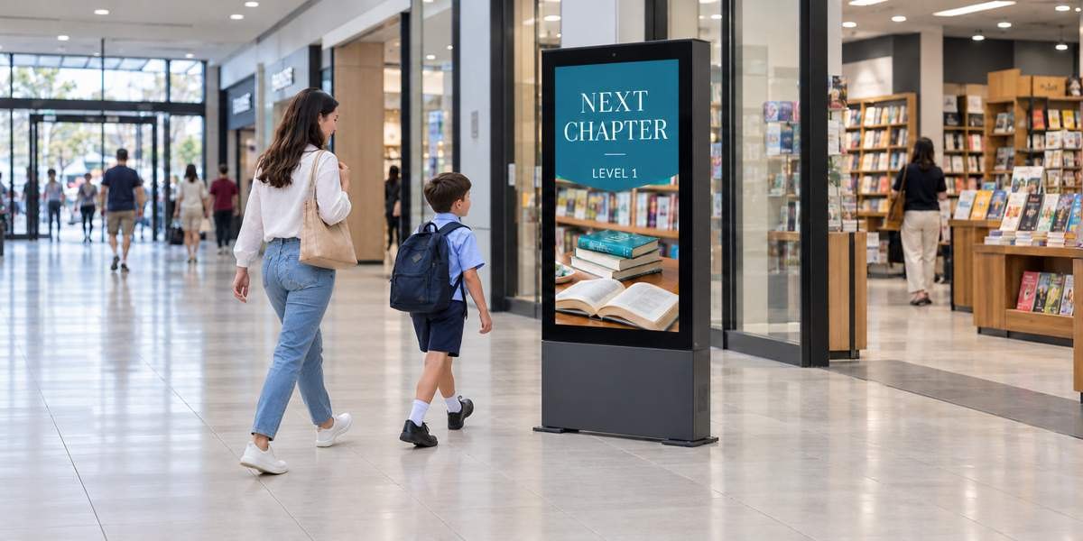 A freestanding EdgePro digital kiosk showing a bookshop promotion in a shopping centre walkway as shoppers pass