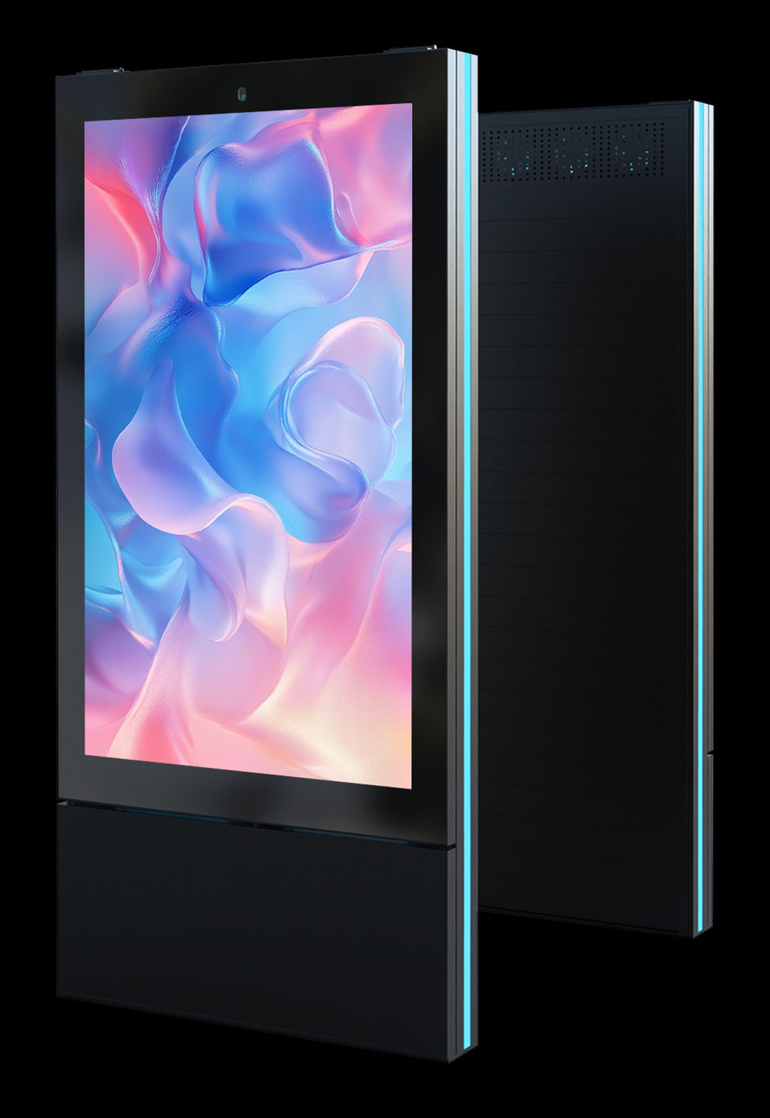A portrait indoor digital kiosk, its panel lit, against black