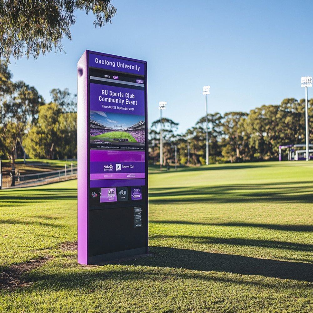 A digital kiosk finished in a university’s own colours