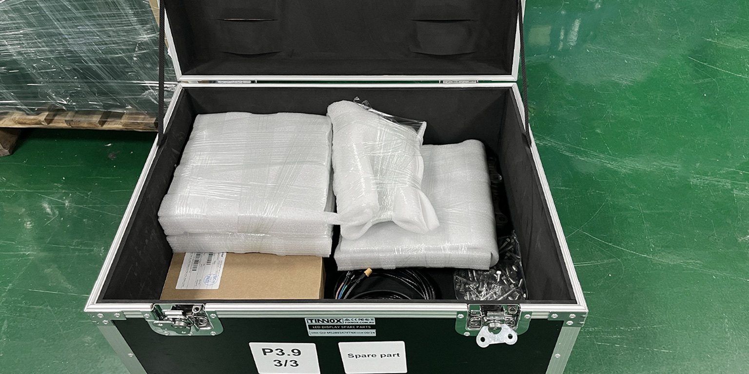 Spare LED panels stored in a flight case on site