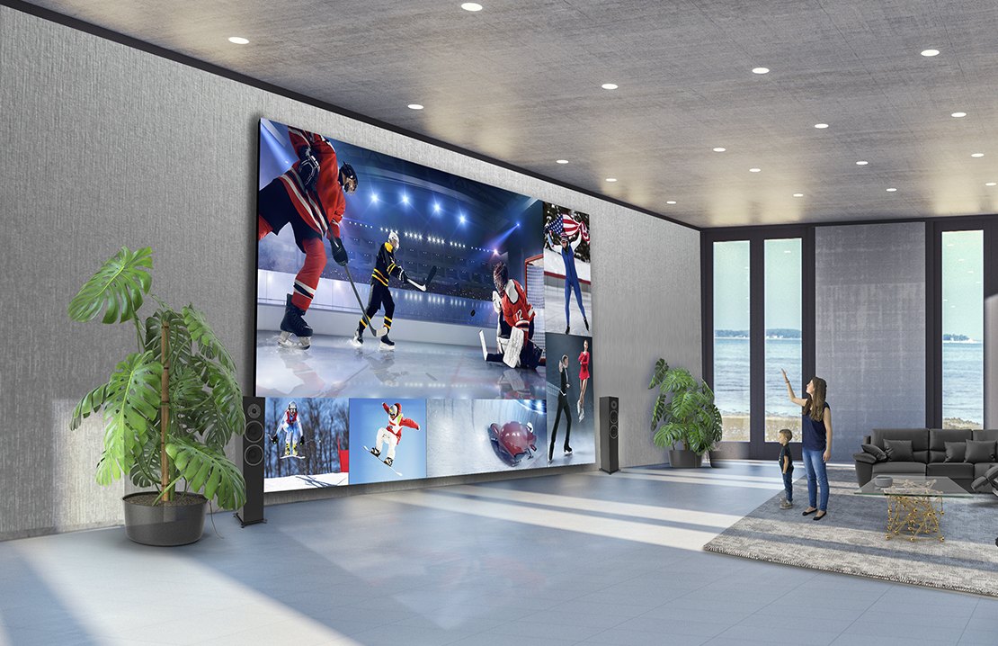 A Micro-LED video wall filling the end of a home theatre
