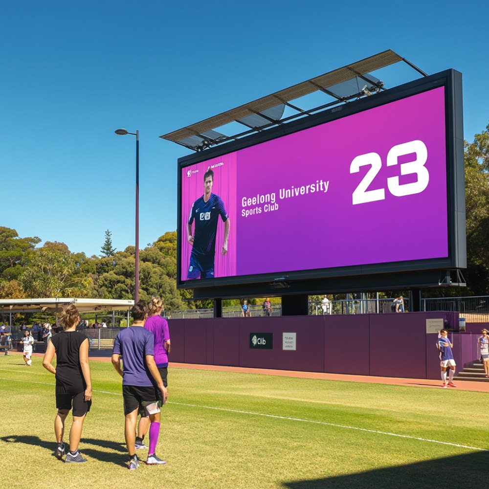 An LED scoreboard above a school sports ground