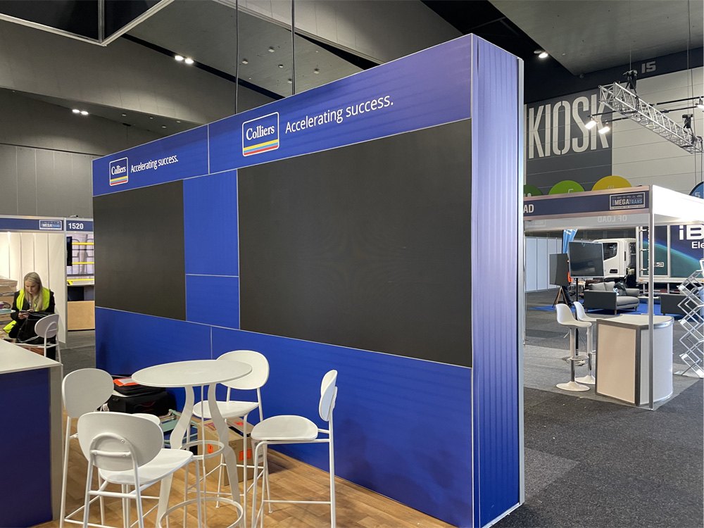 An expo stand with a professionally partitioned LED video wall