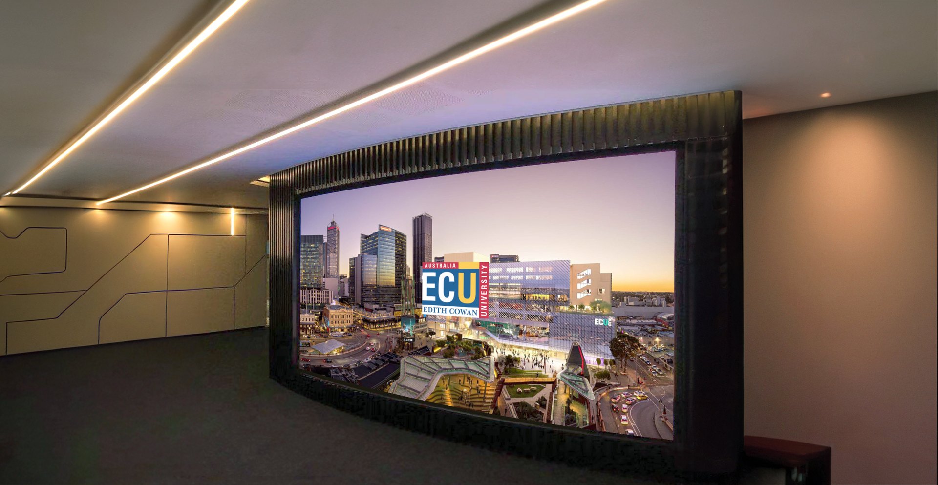 A large LED display in a university lecture space