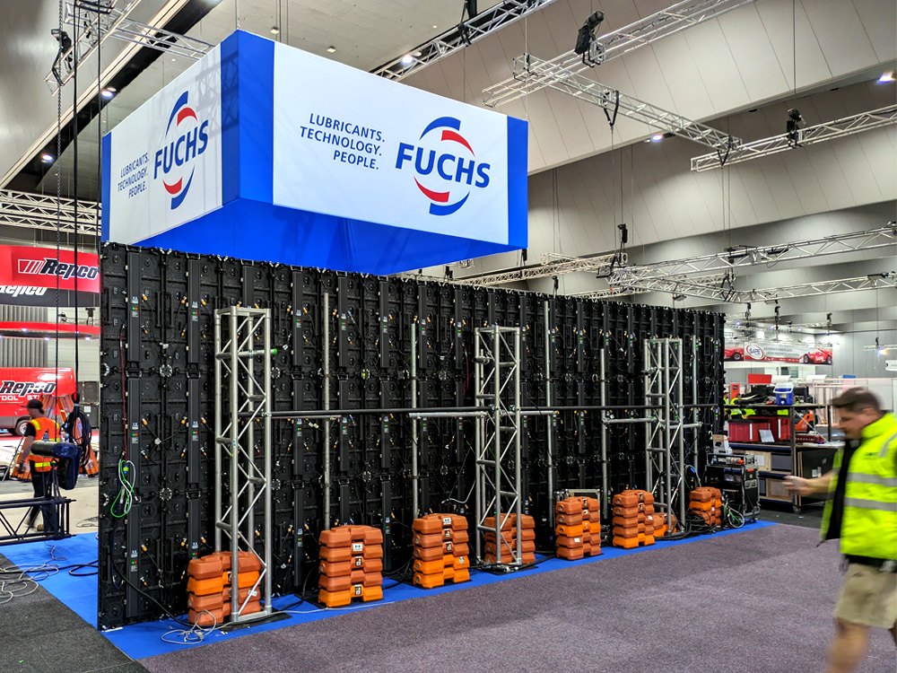 A turnkey LED video wall set up on an expo stand