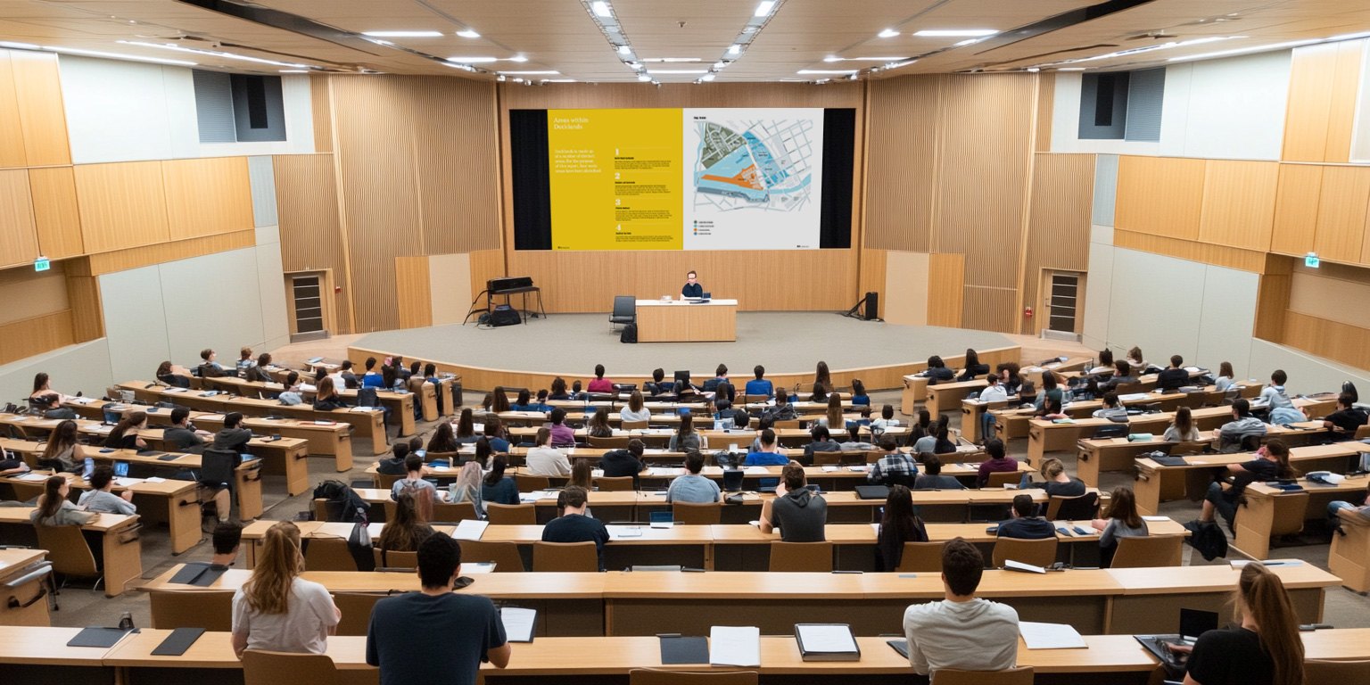 An LED video wall at the front of a university lecture hall