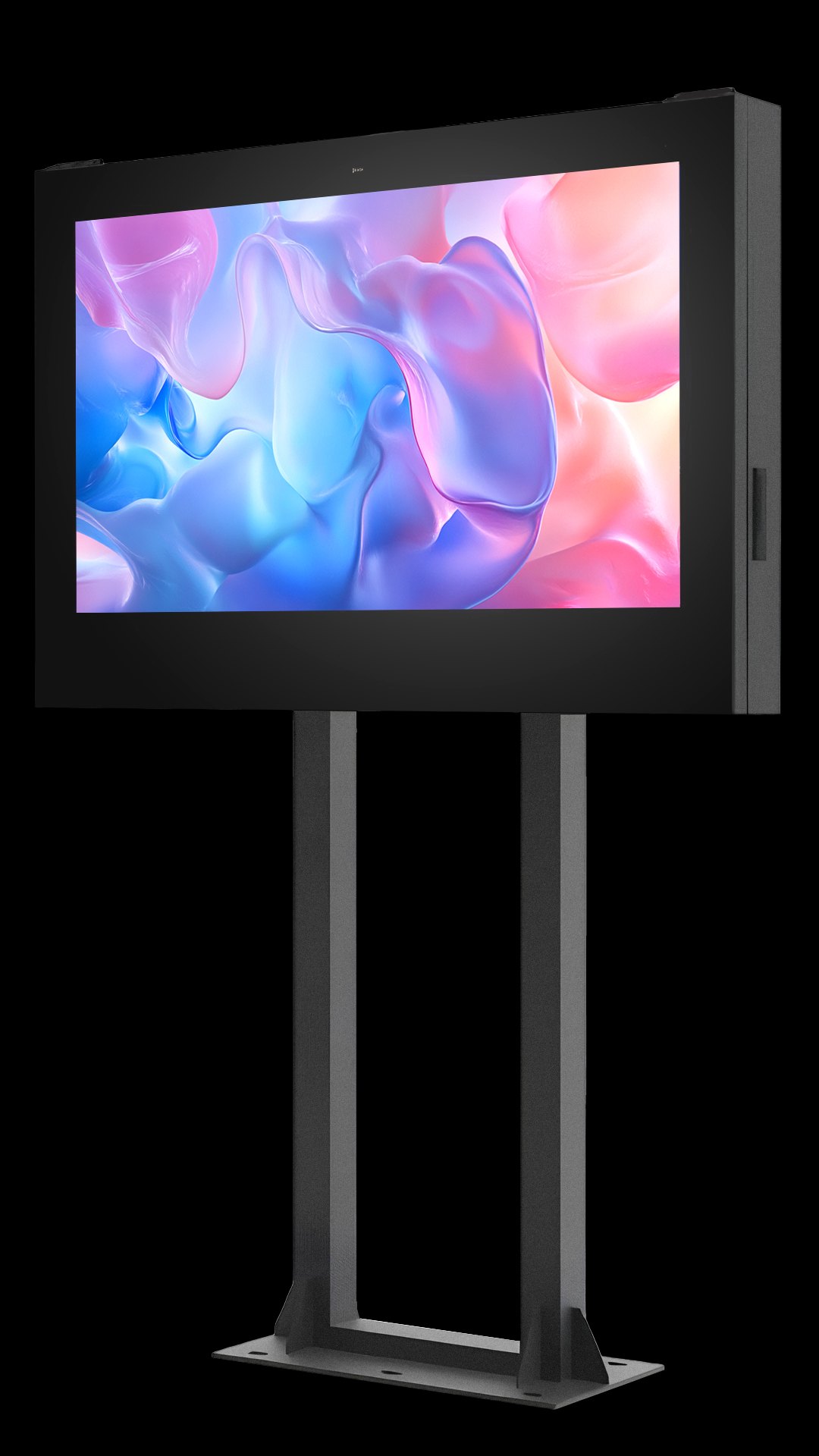An outdoor entrance digital display standing against black