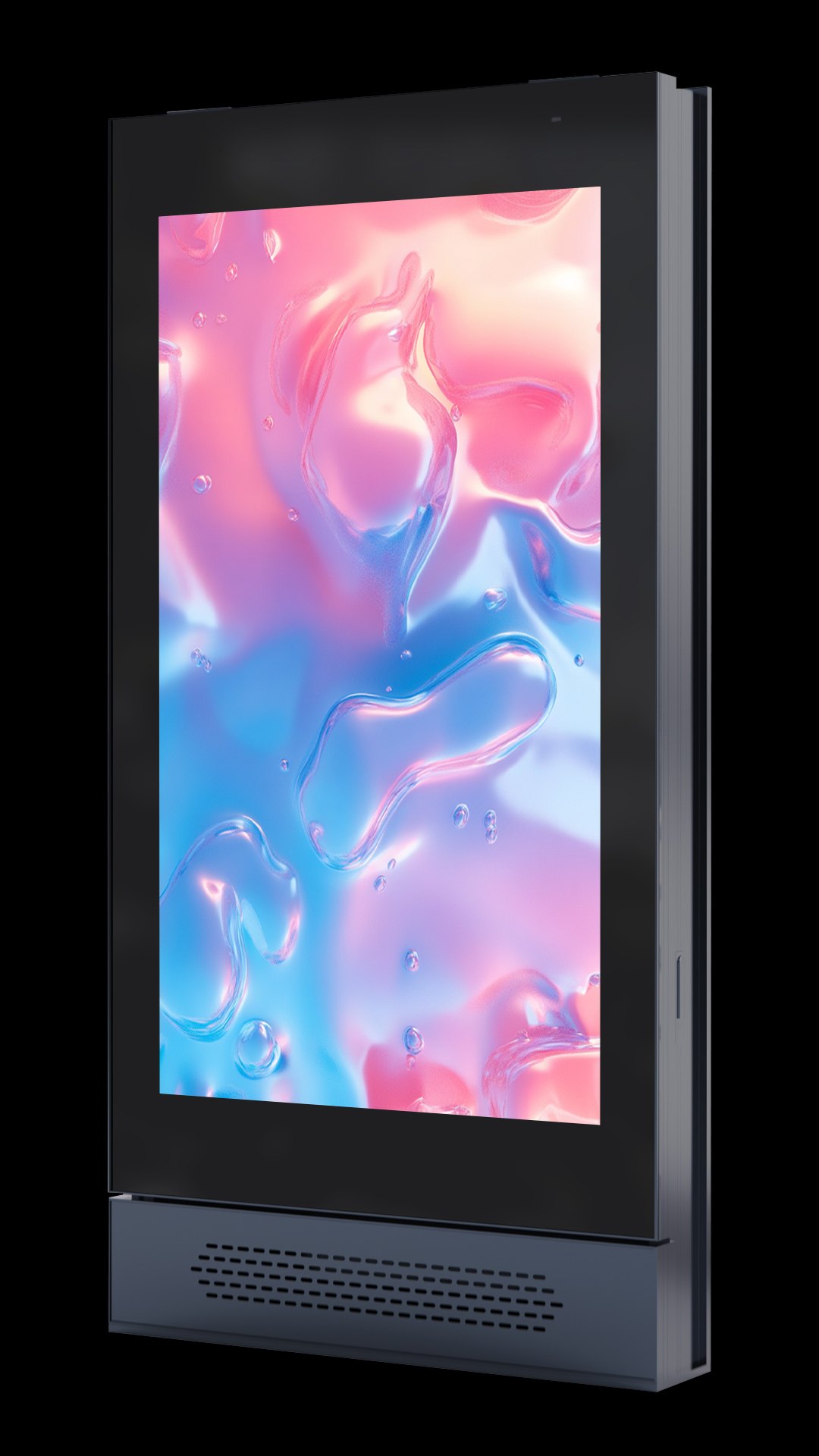 A portrait outdoor digital kiosk, its panel lit, against black