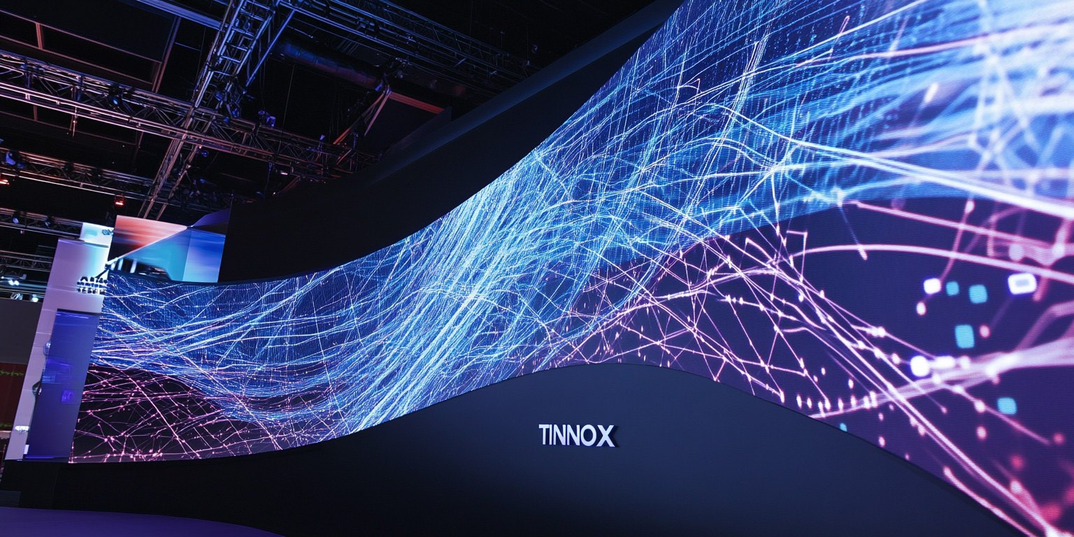 A pop-up retail stand combining an LED video wall and a kiosk