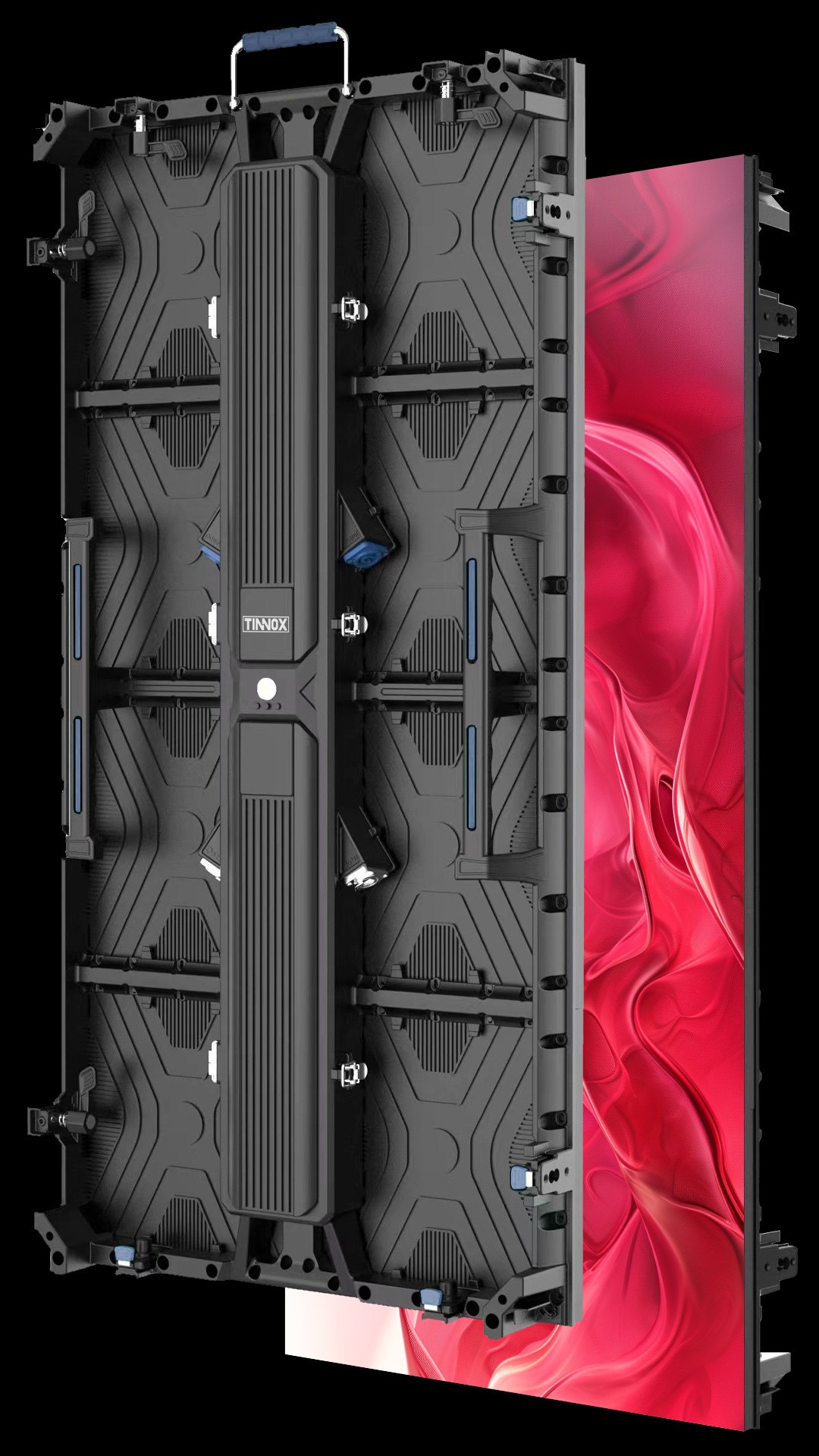 A portrait LED hire cabinet, its panel lit, against black