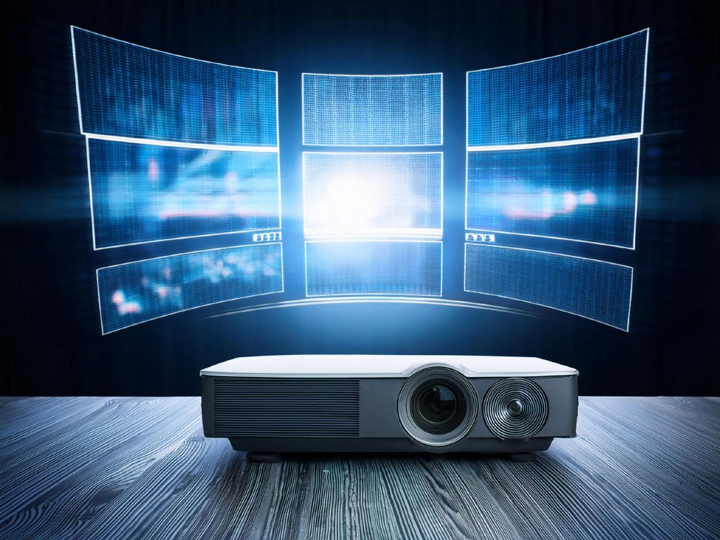 A projector, a television and a micro-LED panel side by side