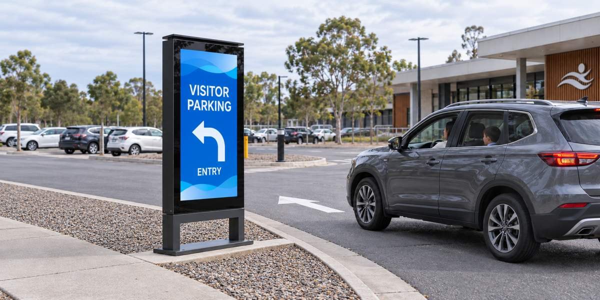 A RobustMax digital kiosk showing a visitor parking arrow at a vehicle entrance as a car turns in