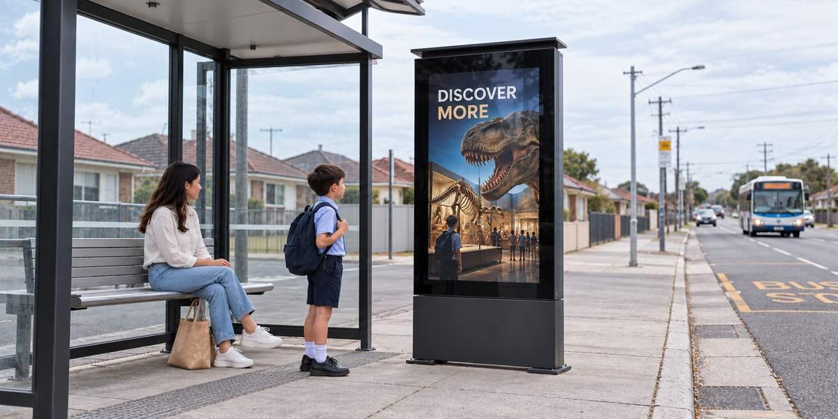 A RobustMicro digital poster display beside a bus shelter where a woman waits on the bench