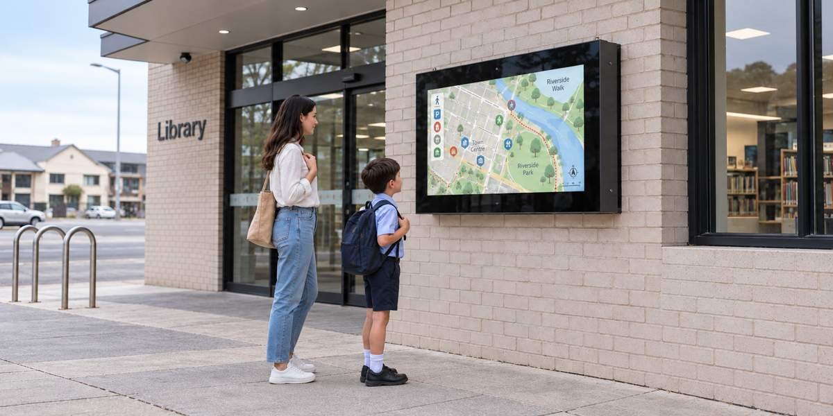 A wall-mounted RobustMini display showing a local map on the outside wall of a council library