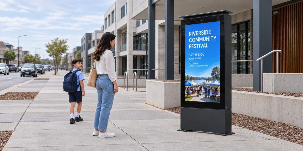 A mother and her son walk past an outdoor RobustPro digital kiosk on a suburban footpath showing a community festival poster