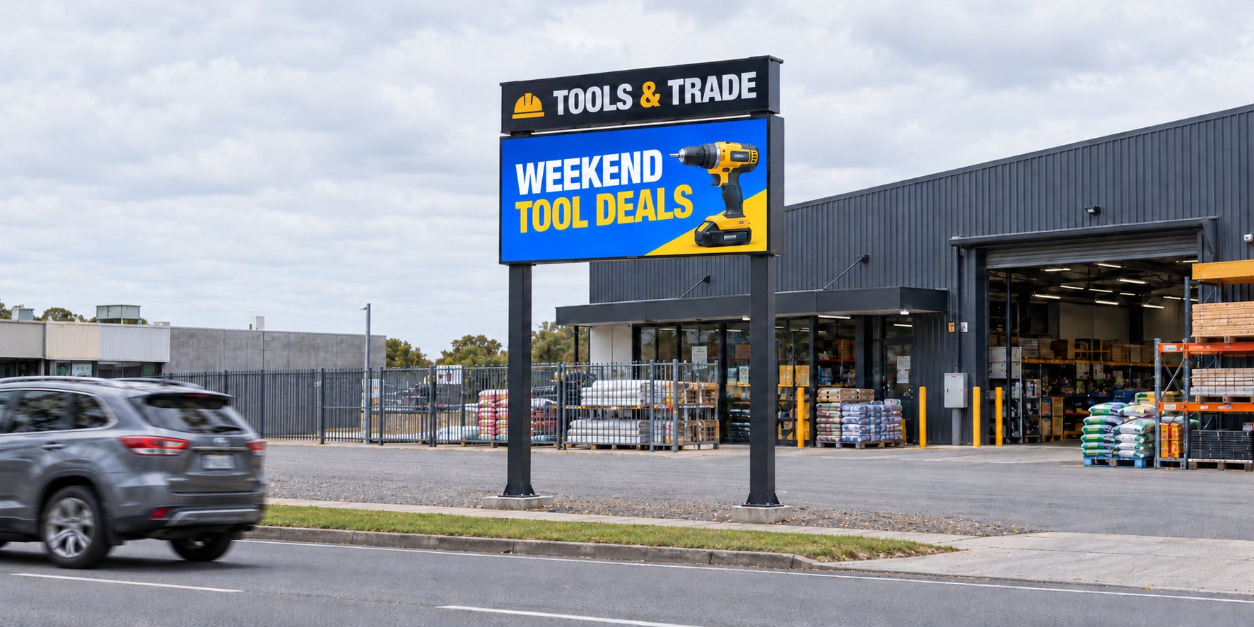A StructuraSign roadside pylon with an LED screen advertising weekend tool deals outside a hardware store